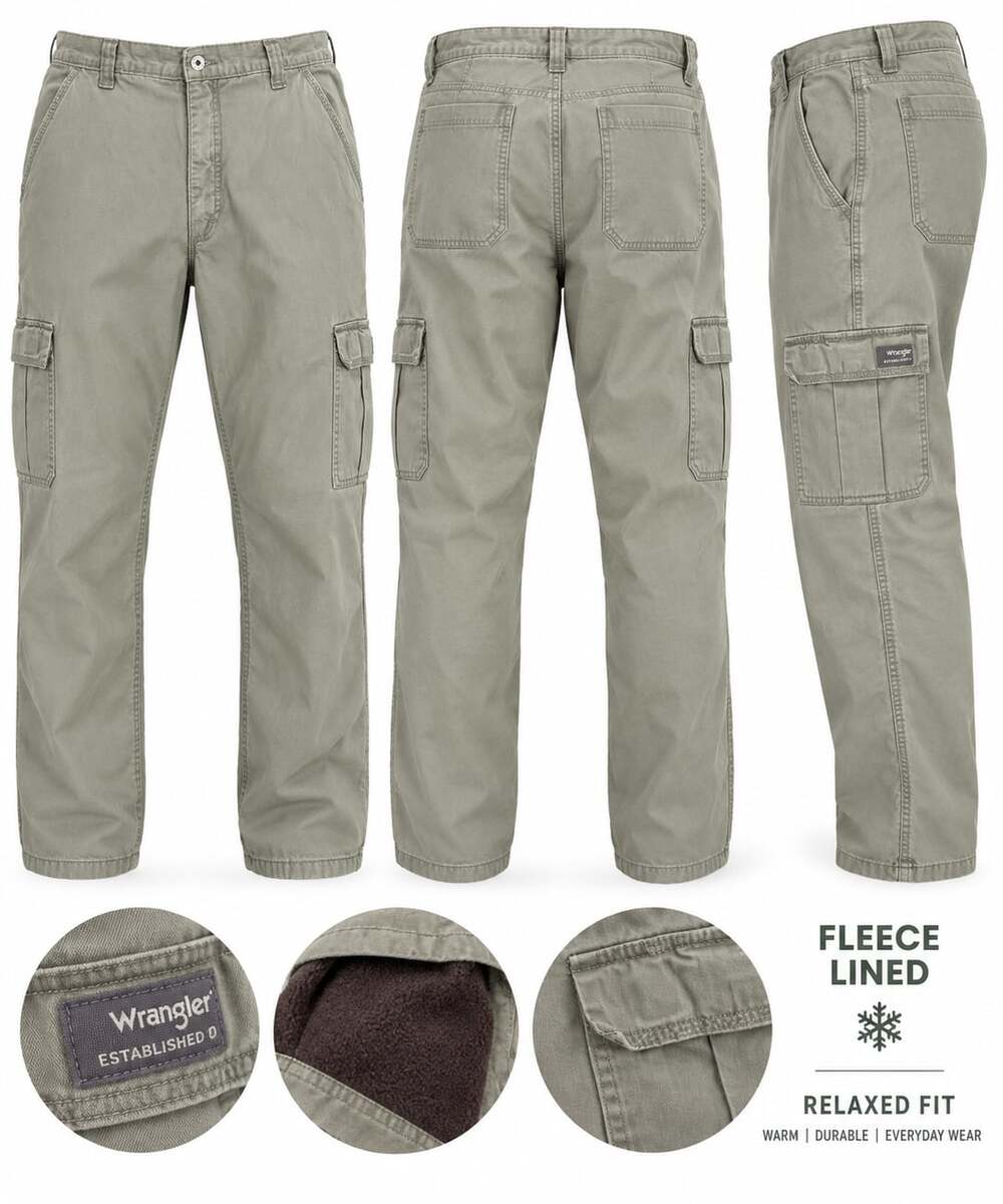 Wrangler Relaxed Fit Cargo Pants Khaki Tan Workwear Utility MensFleece Lined